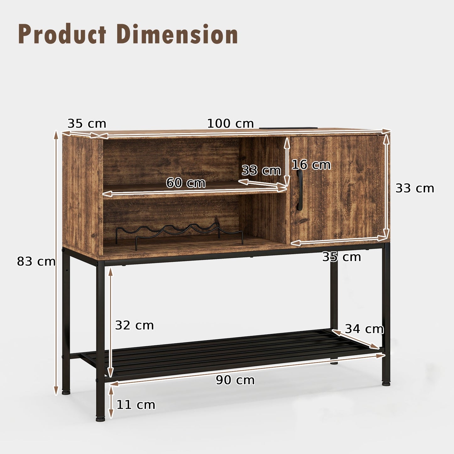 Sideboard Buffet Cabinet with Wine Racks and Storage Shelves-Rustic Brown