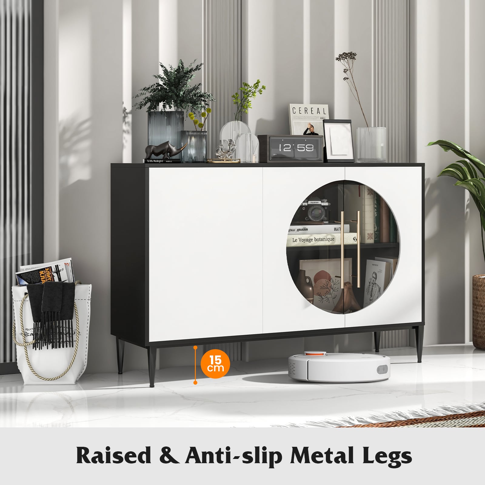Sideboard Cabinet with Tempered Glass Door-Black &amp; White