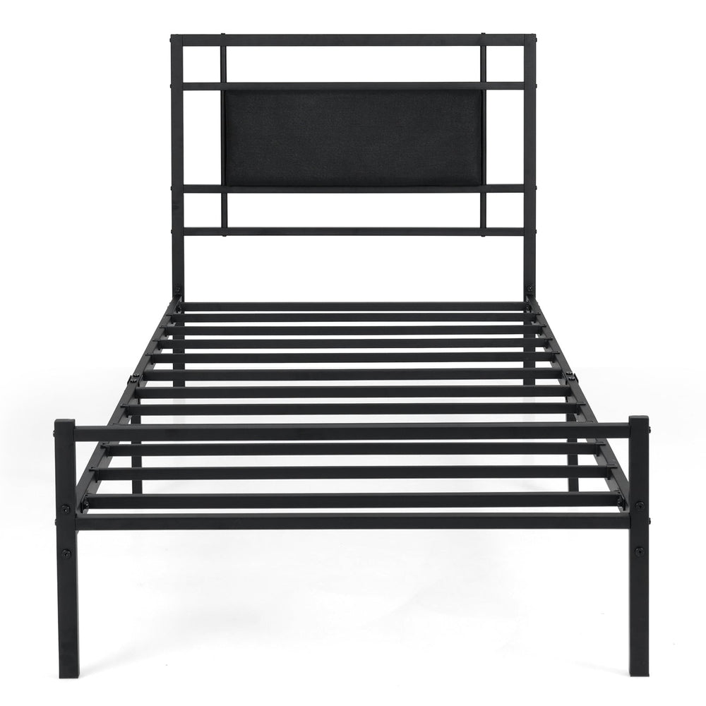 Single Bed Frame with Upholstered Headboard and Metal Slat Support-Black Single Size