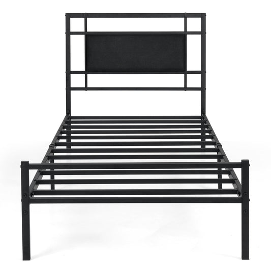Single Bed Frame with Upholstered Headboard and Metal Slat Support-Black Single Size