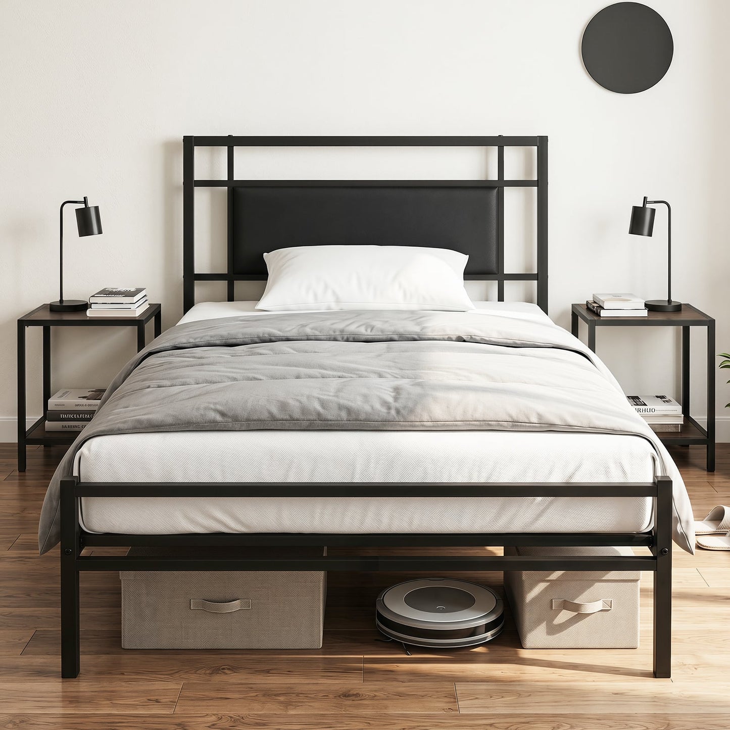 Single Bed Frame with Upholstered Headboard and Metal Slat Support-Black Single Size