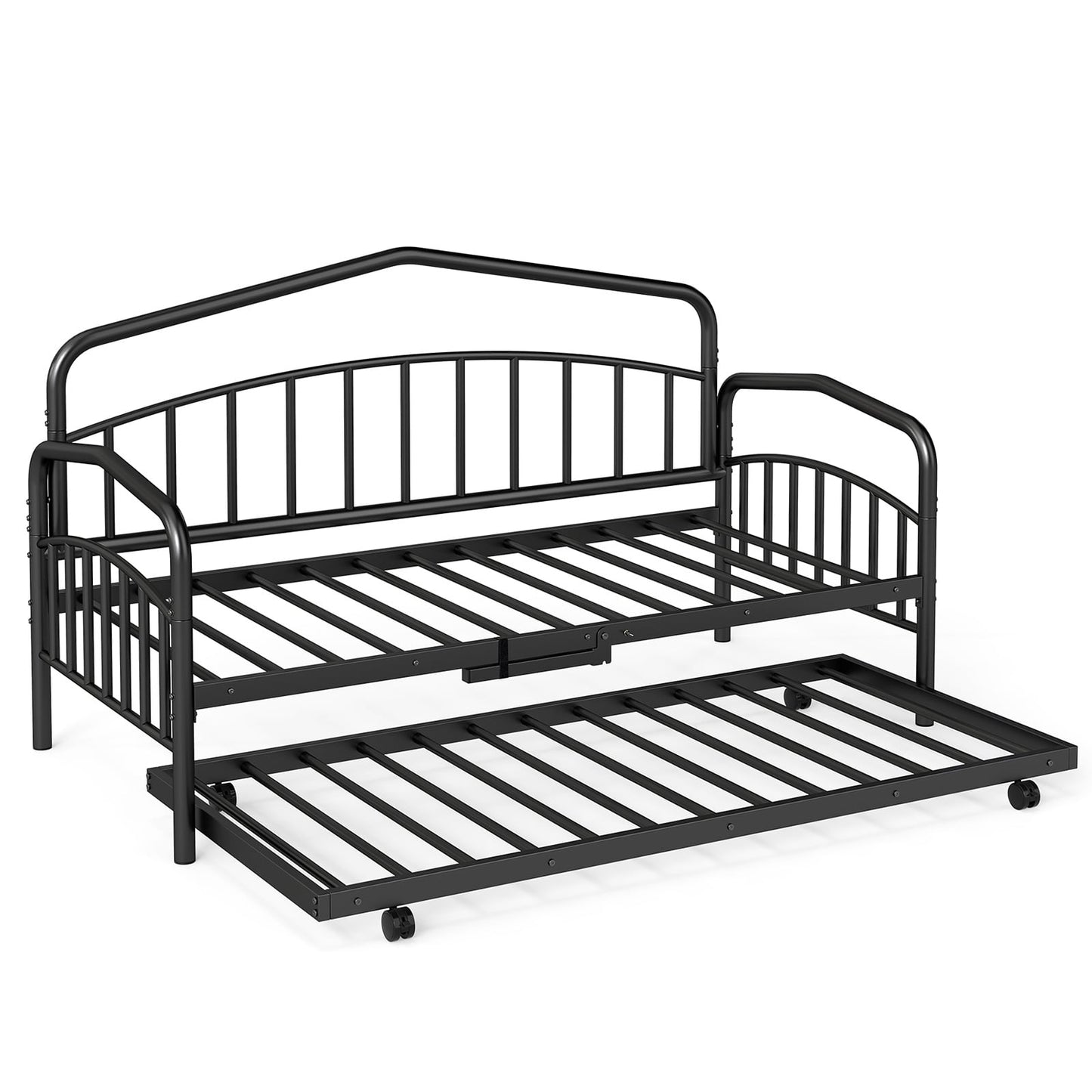 Single Daybed with Rolling Trundle & Lockable Wheels No Box Spring for Bedoom