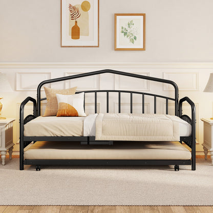 Single Daybed with Rolling Trundle & Lockable Wheels No Box Spring for Bedoom