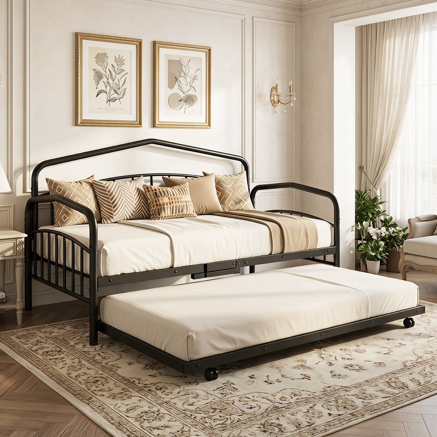 Single Daybed with Rolling Trundle & Lockable Wheels No Box Spring for Bedoom