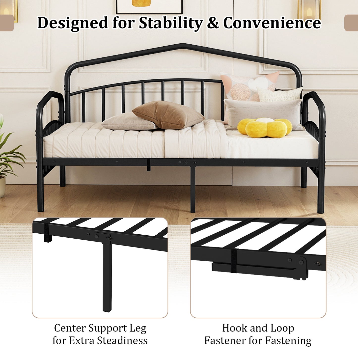 Single Daybed with Rolling Trundle & Lockable Wheels No Box Spring for Bedoom