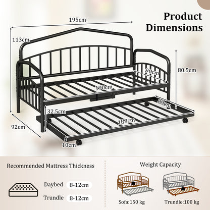 Single Daybed with Rolling Trundle & Lockable Wheels No Box Spring for Bedoom