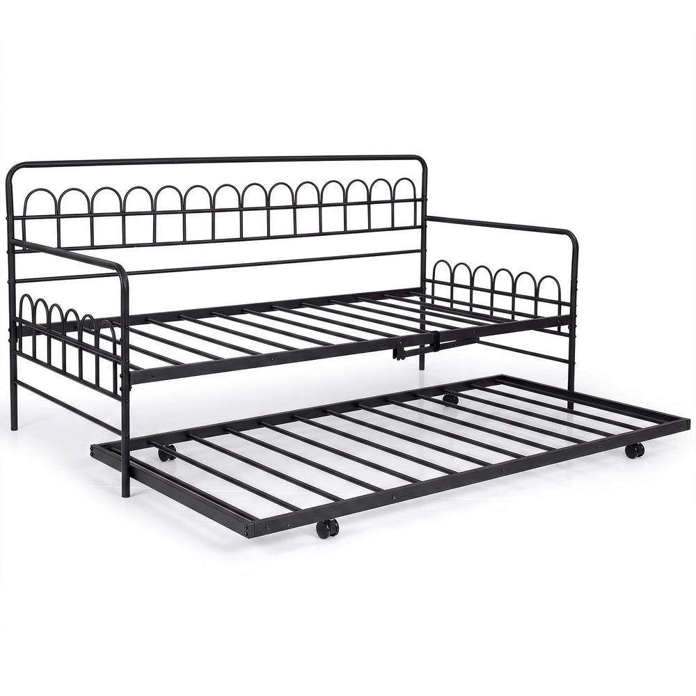 Single Daybed with Trundle and Curved Backrest and Armrests No Box Spring Needed-Black