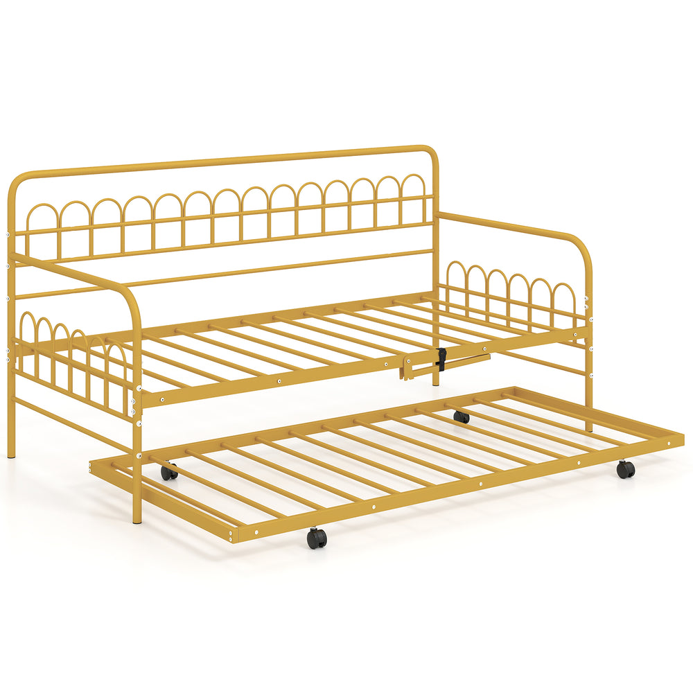 Single Daybed with Trundle and Curved Backrest and Armrests No Box Spring Needed-Gold