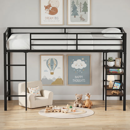 Single Metal Loft Bed with Storage Shelves and Guardrails and Ladder-Rustic Brown