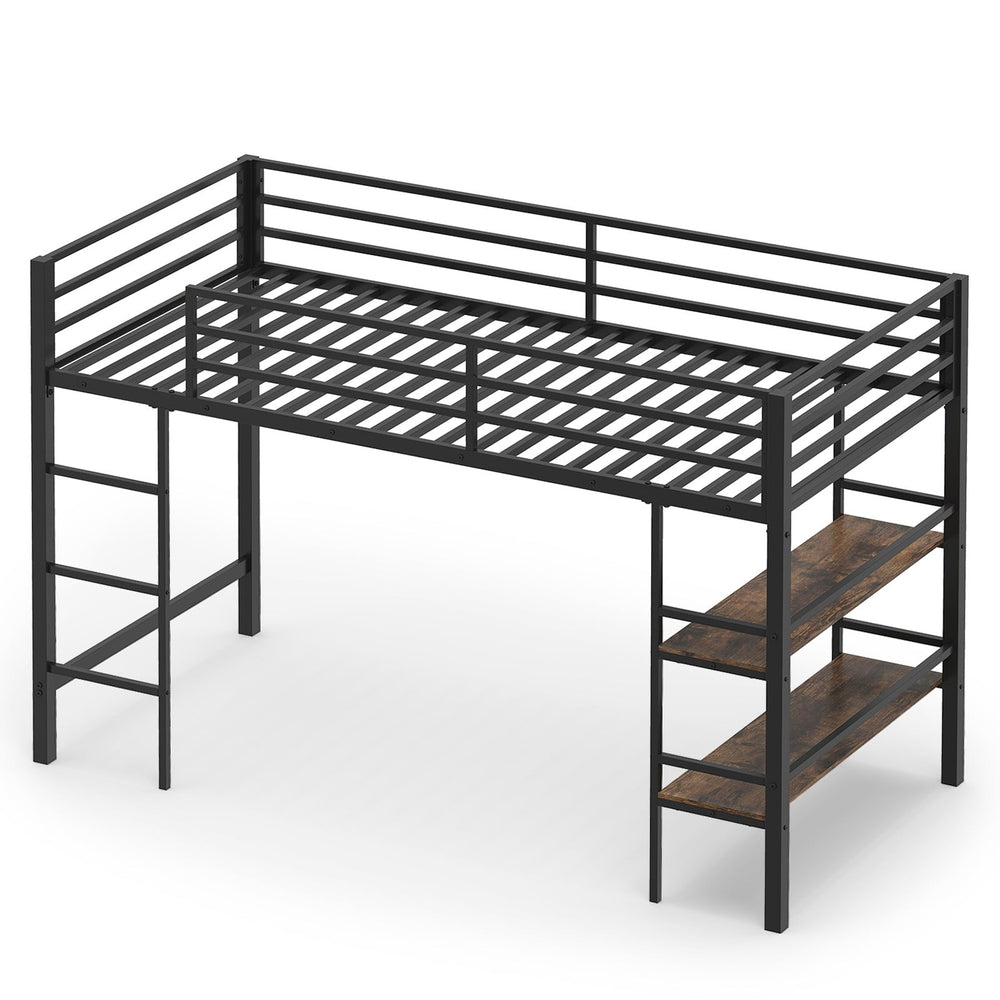 Single Metal Loft Bed with Storage Shelves and Guardrails and Ladder-Rustic Brown