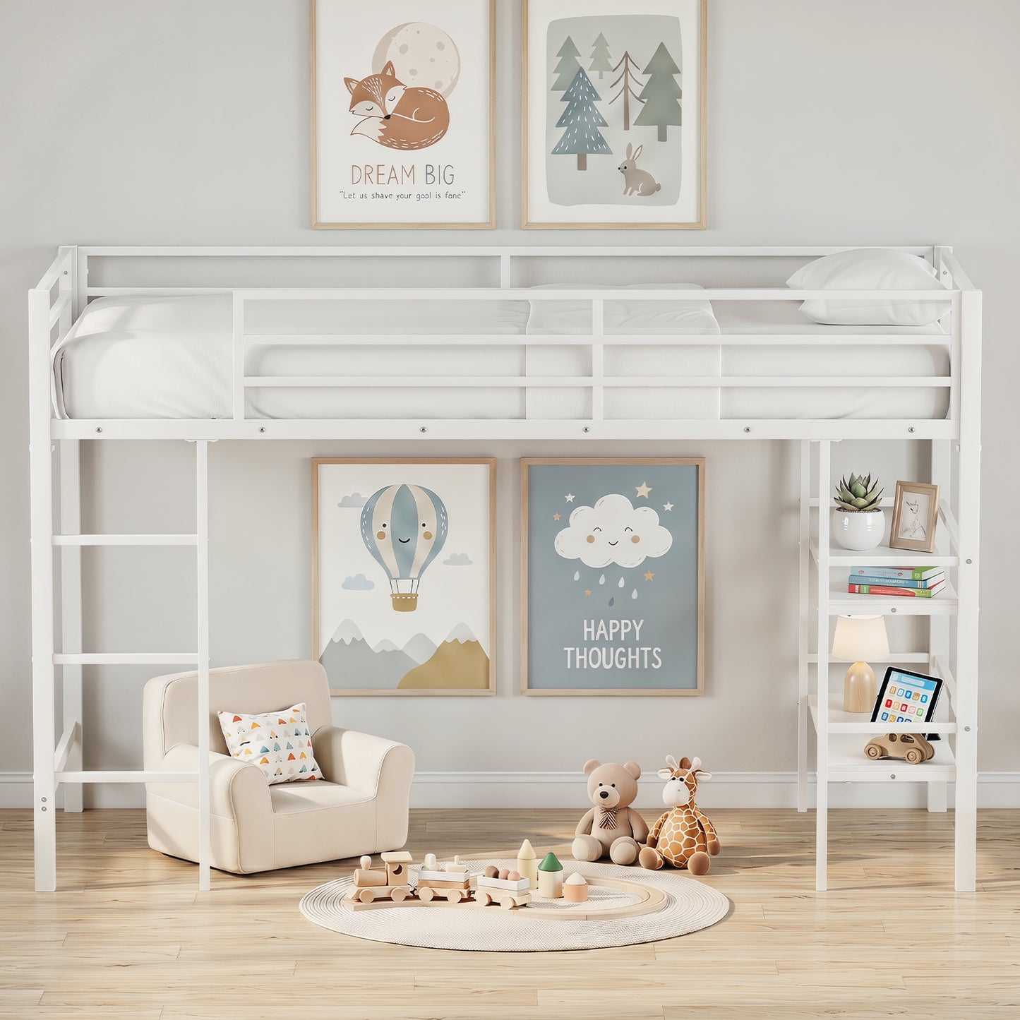 Single Metal Loft Bed with Storage Shelves and Guardrails and Ladder-White