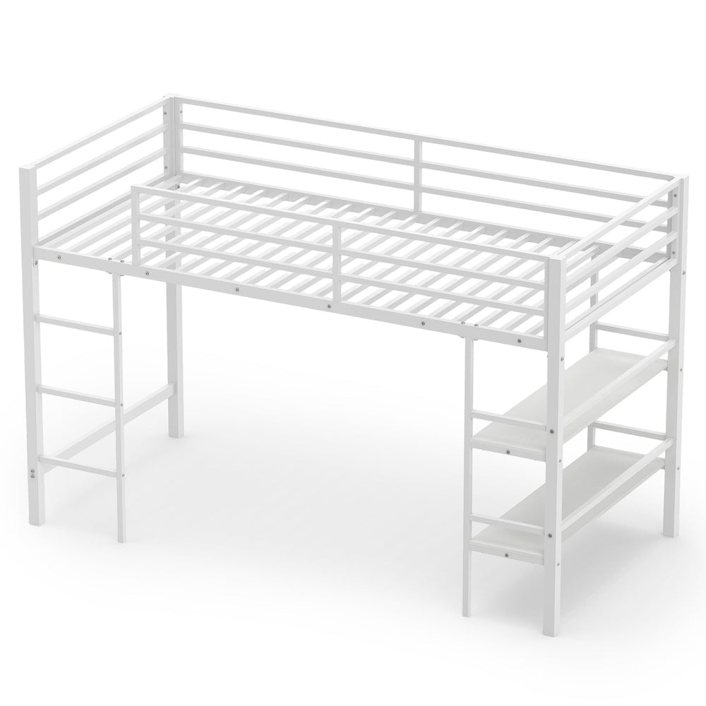 Single Metal Loft Bed with Storage Shelves and Guardrails and Ladder-White