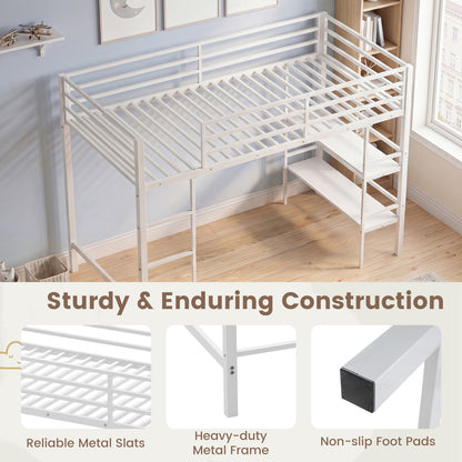 Single Metal Loft Bed with Storage Shelves and Guardrails and Ladder-White