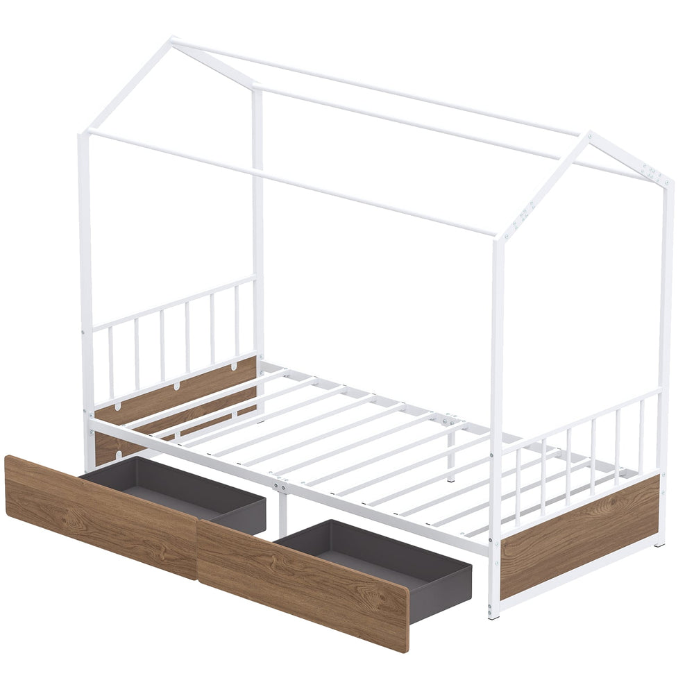 Single Size House Bed with 2 Drawers and Roof for Kids-Natural