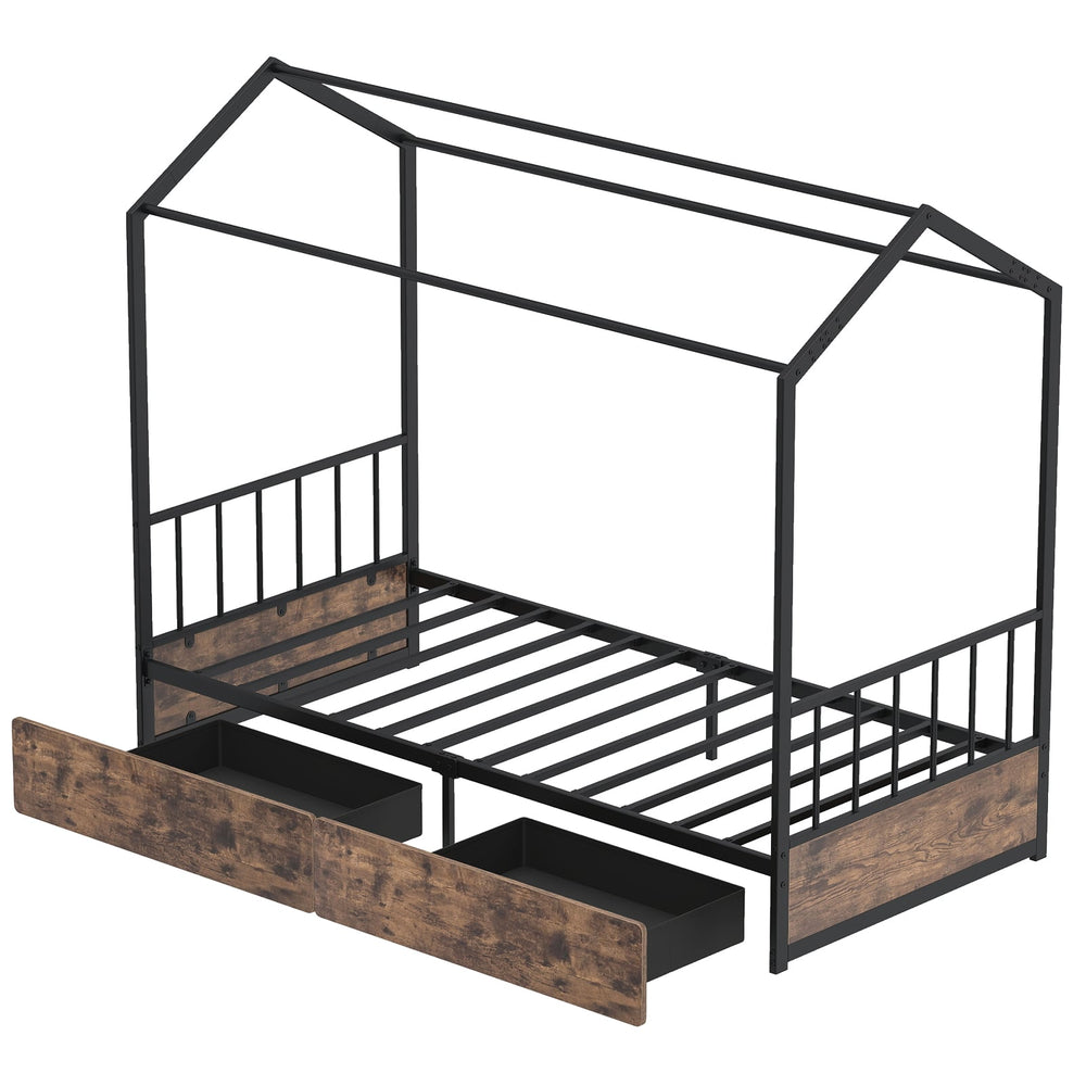 Single Size House Bed with 2 Drawers and Roof for Kids-Rustic Brown