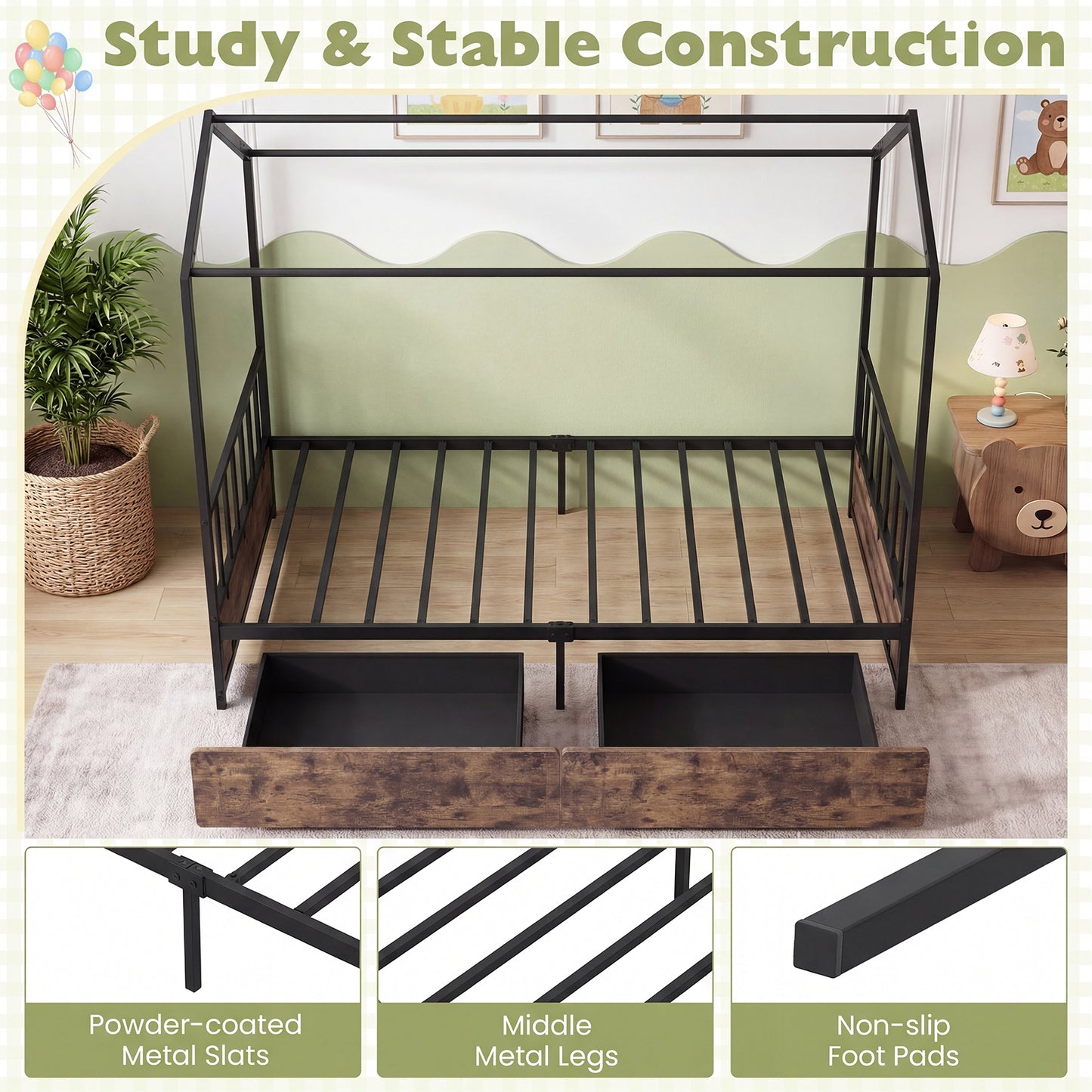 Single Size House Bed with 2 Drawers and Roof for Kids-Rustic Brown