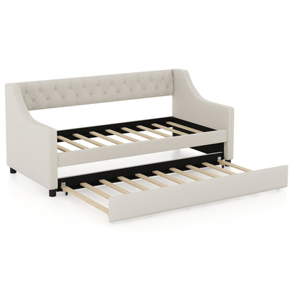 Single Size Trundle Bed Linen Upholstered Daybed with Backrest-Beige