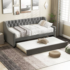 Single Size Trundle Bed Linen Upholstered Daybed with Backrest-Grey
