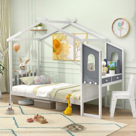 Single/Double House Bed Wood Montessori Bed Frame with Desk-Single Size