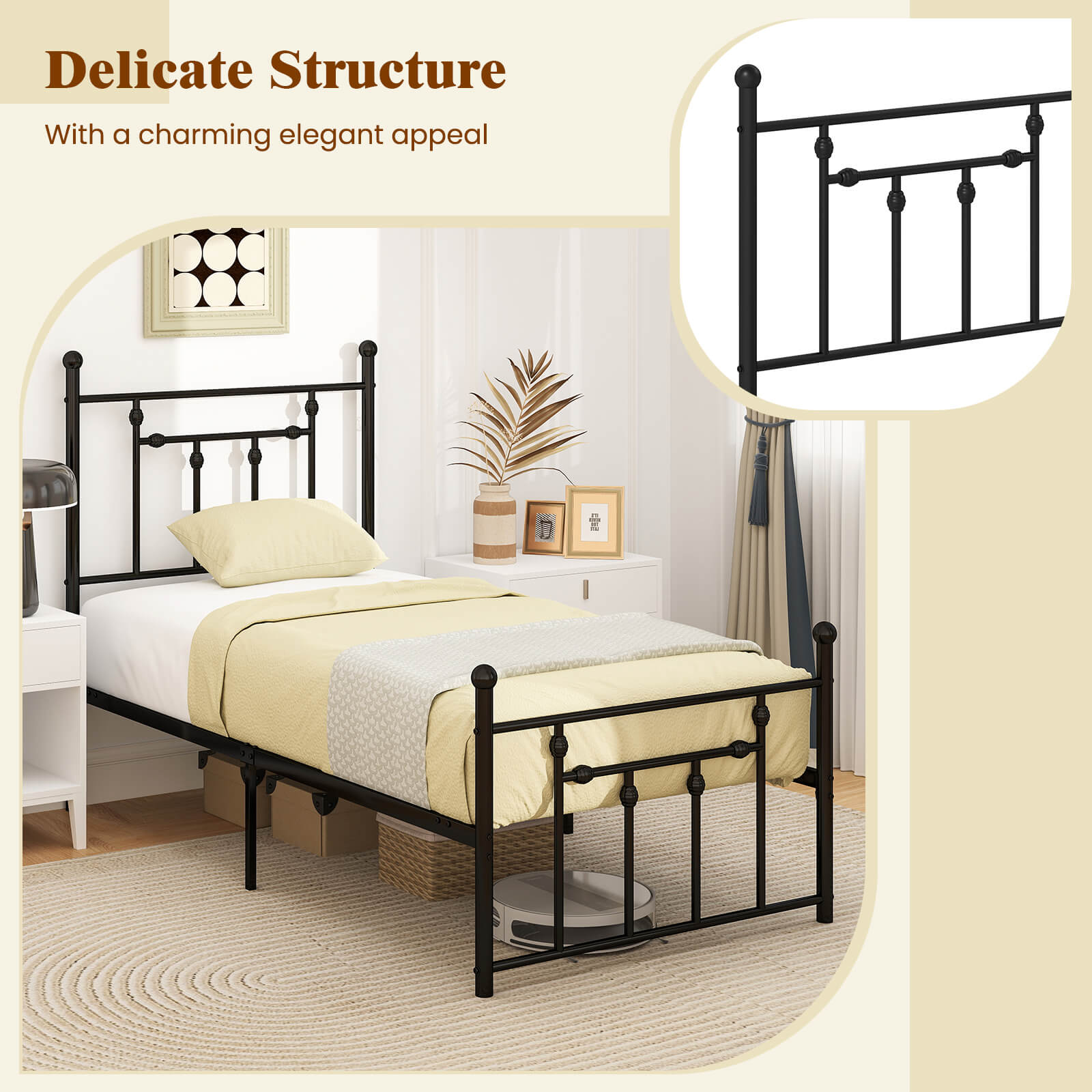 Single/Double/King Size Metal Bed Frame with Headboard-Black-Single Size