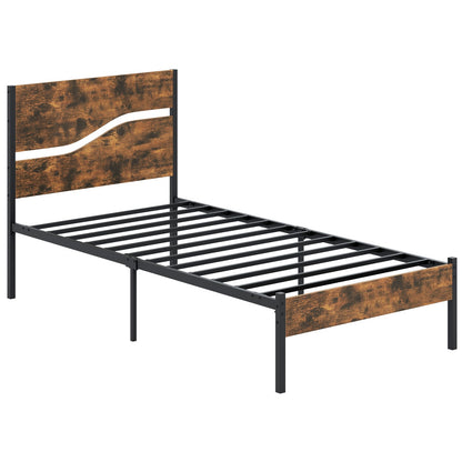 Single/Double/King Metal Bed Frame with Wooden Headboard and Footboard-Rustic Brown-Single Size