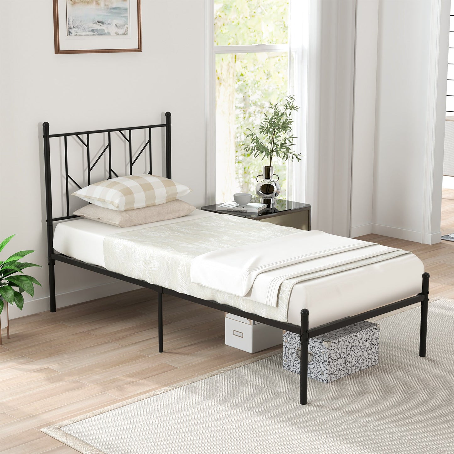 Single/Double Metal Platform Bed Frame with Headboard Black-Single Size