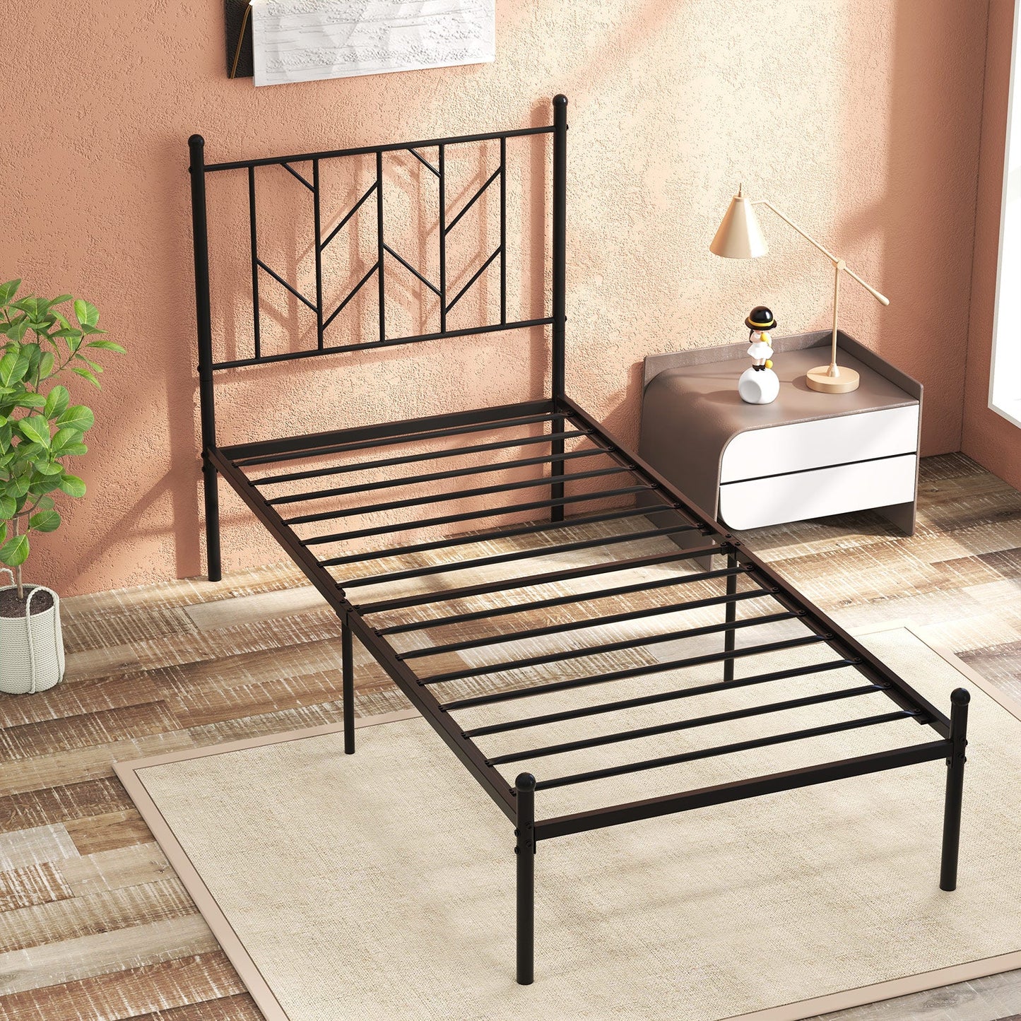 Single/Double Metal Platform Bed Frame with Headboard Black-Single Size