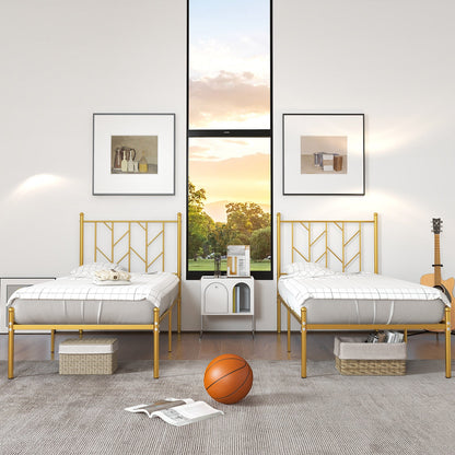 Single/Double Metal Platform Bed Frame with Headboard Black Golden-Single Size