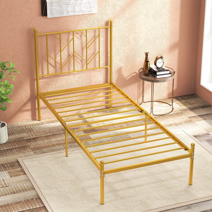 Single/Double Metal Platform Bed Frame with Headboard Black Golden-Single Size