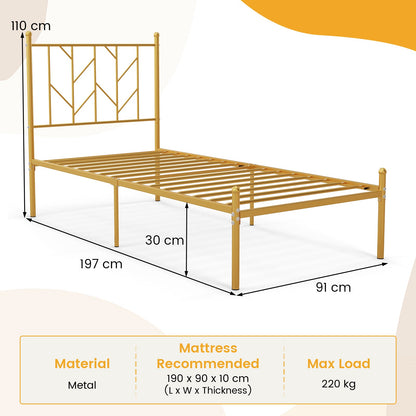 Single/Double Metal Platform Bed Frame with Headboard Black Golden-Single Size