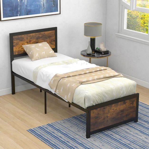 Single Size Bed Frame with High Headboard Metal Slats-S