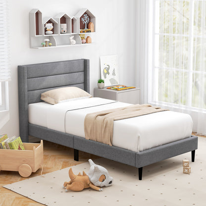 Single/Double Size Bed Frame with Wingback Headboard and Wooden Slats Support-Grey-Single Size