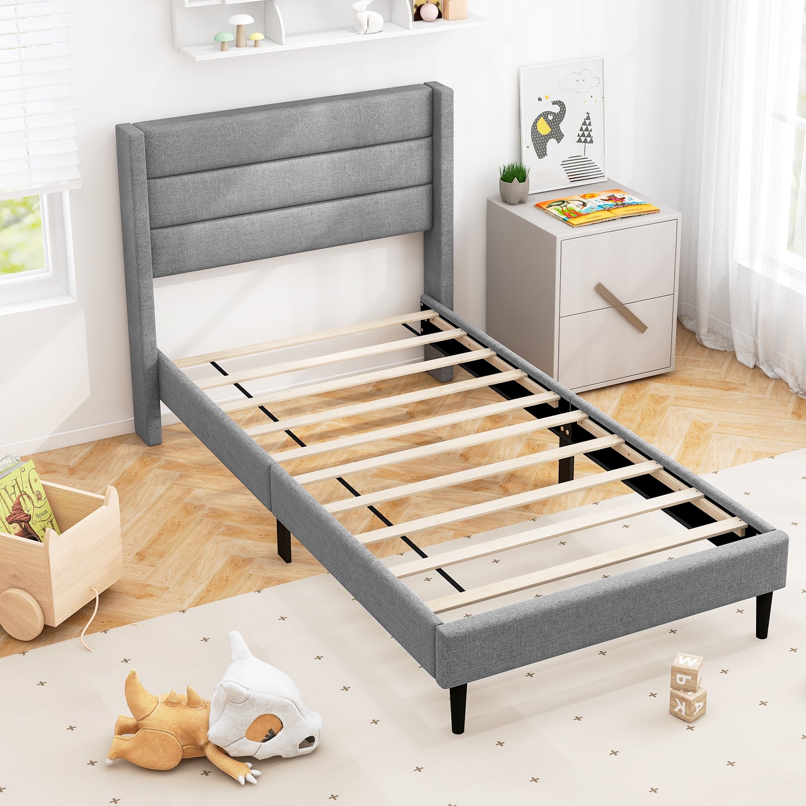 Single/Double Size Bed Frame with Wingback Headboard and Wooden Slats Support-Grey-Single Size
