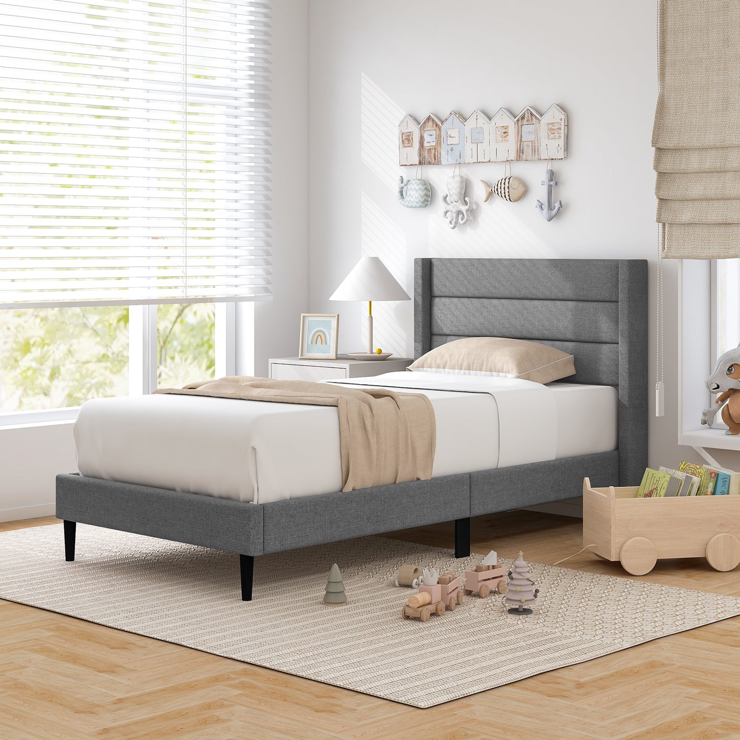 Single/Double Size Bed Frame with Wingback Headboard and Wooden Slats Support-Grey-Single Size