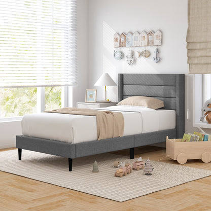 Single/Double Size Bed Frame with Wingback Headboard and Wooden Slats Support-Grey-Single Size