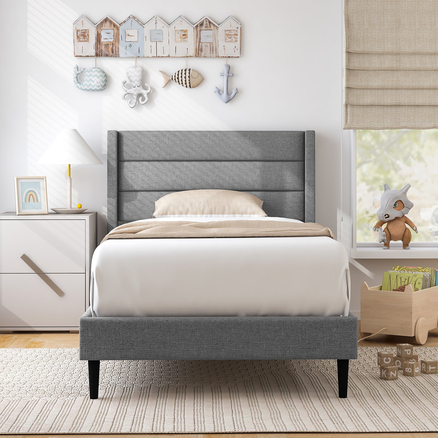 Single/Double Size Bed Frame with Wingback Headboard and Wooden Slats Support-Grey-Single Size