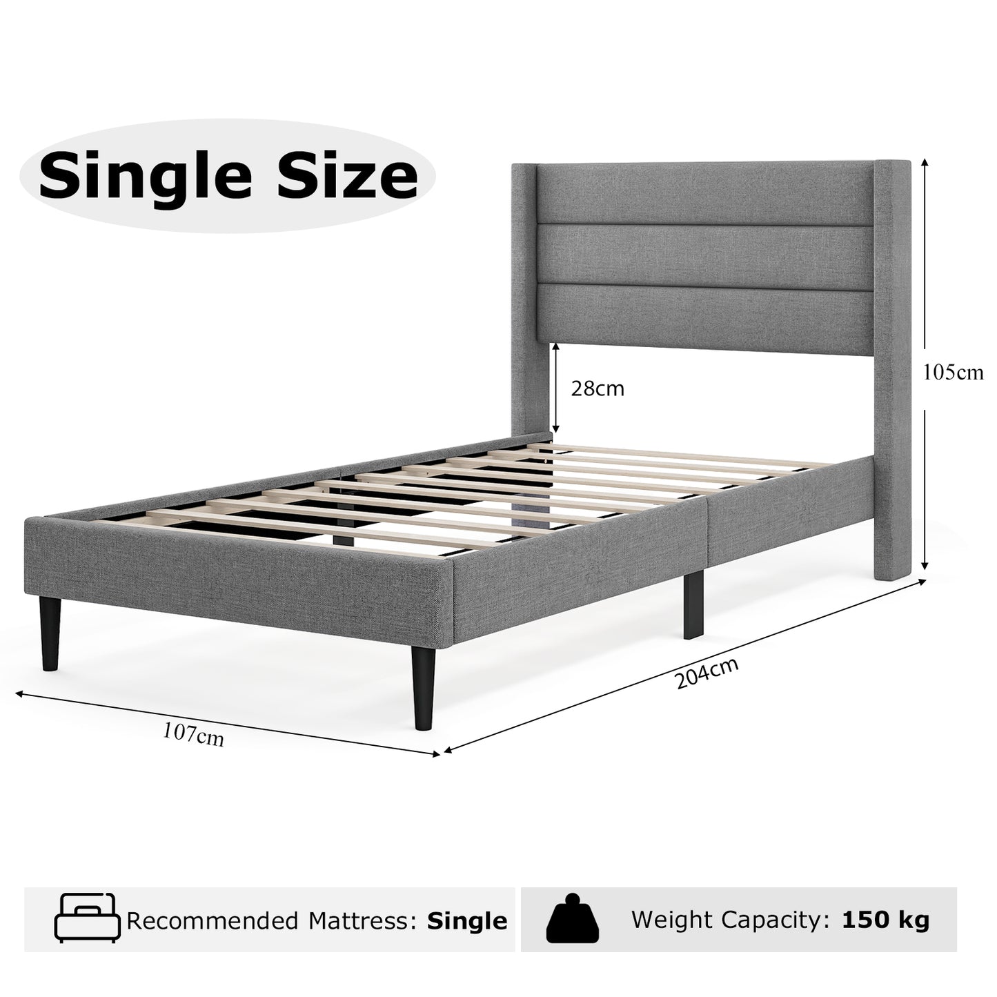 Single/Double Size Bed Frame with Wingback Headboard and Wooden Slats Support-Grey-Single Size