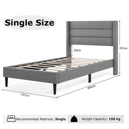 Single/Double Size Bed Frame with Wingback Headboard and Wooden Slats Support-Grey-Single Size