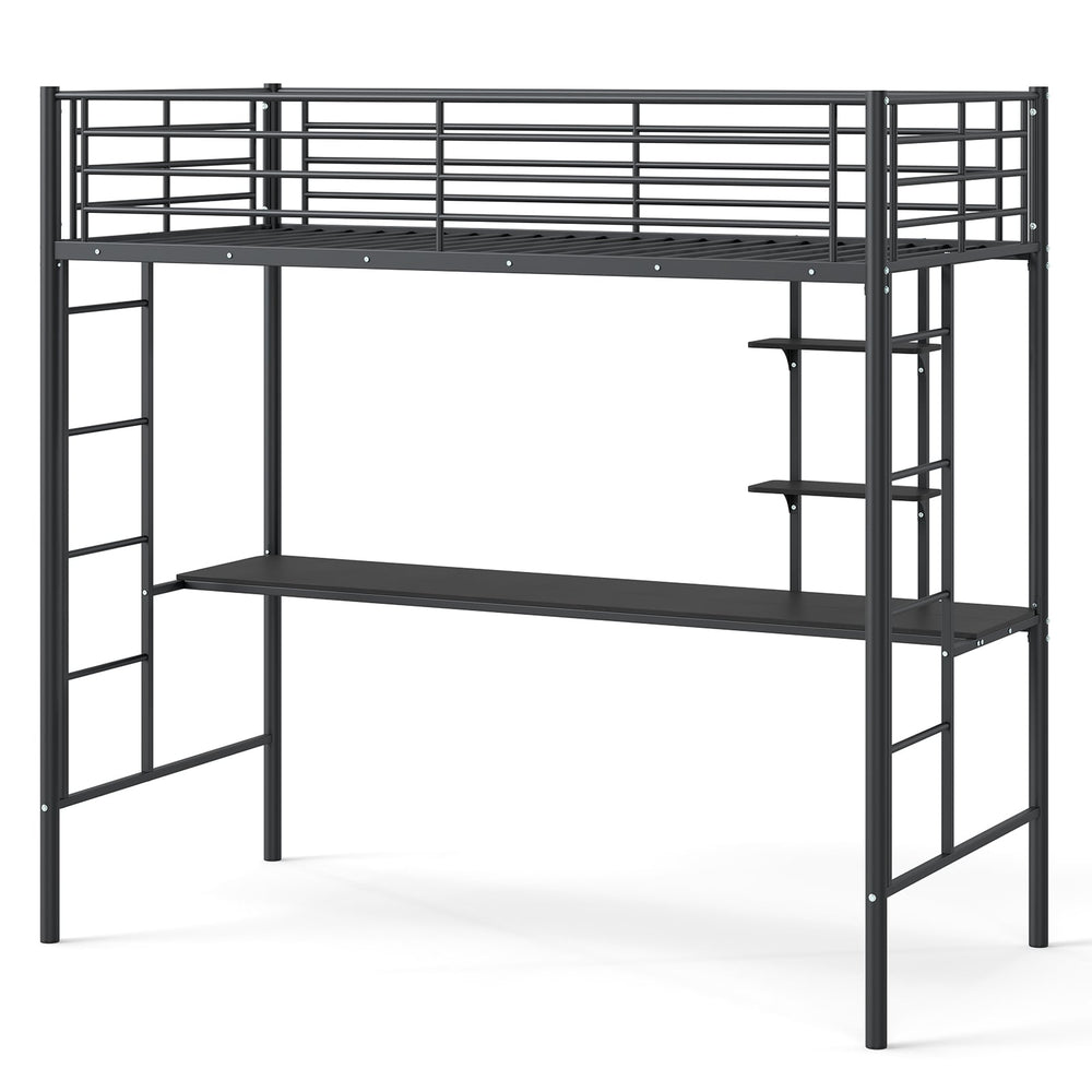 Single Size Loft Bed with Desk and Shelves Metal Loft Bed Frame-Black