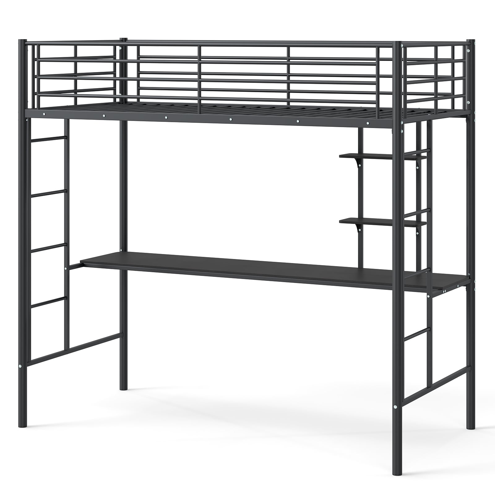 Single Size Loft Bed with Desk and Shelves Metal Loft Bed Frame-Black
