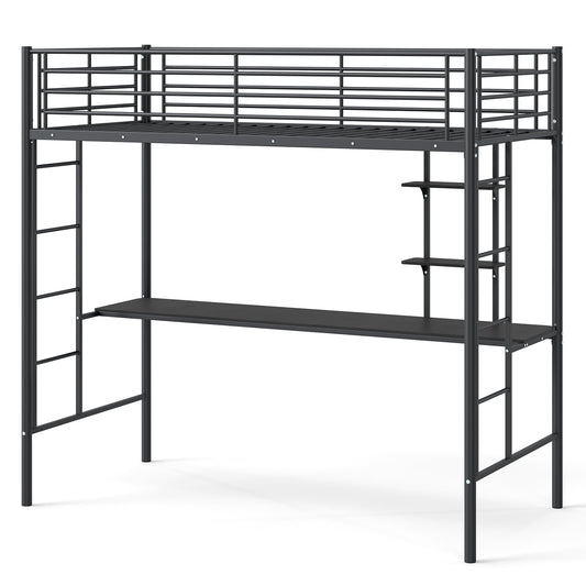 Single Size Loft Bed with Desk and Shelves Metal Loft Bed Frame-Black