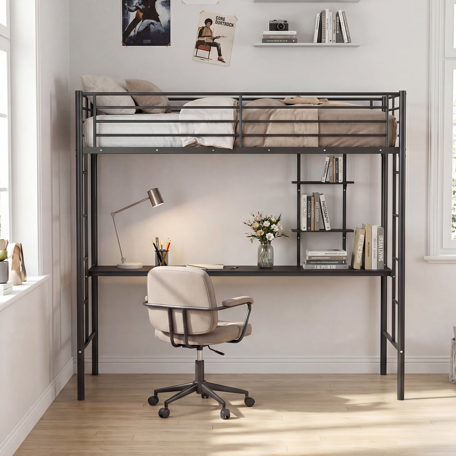 Single Size Loft Bed with Desk and Shelves Metal Loft Bed Frame-Black