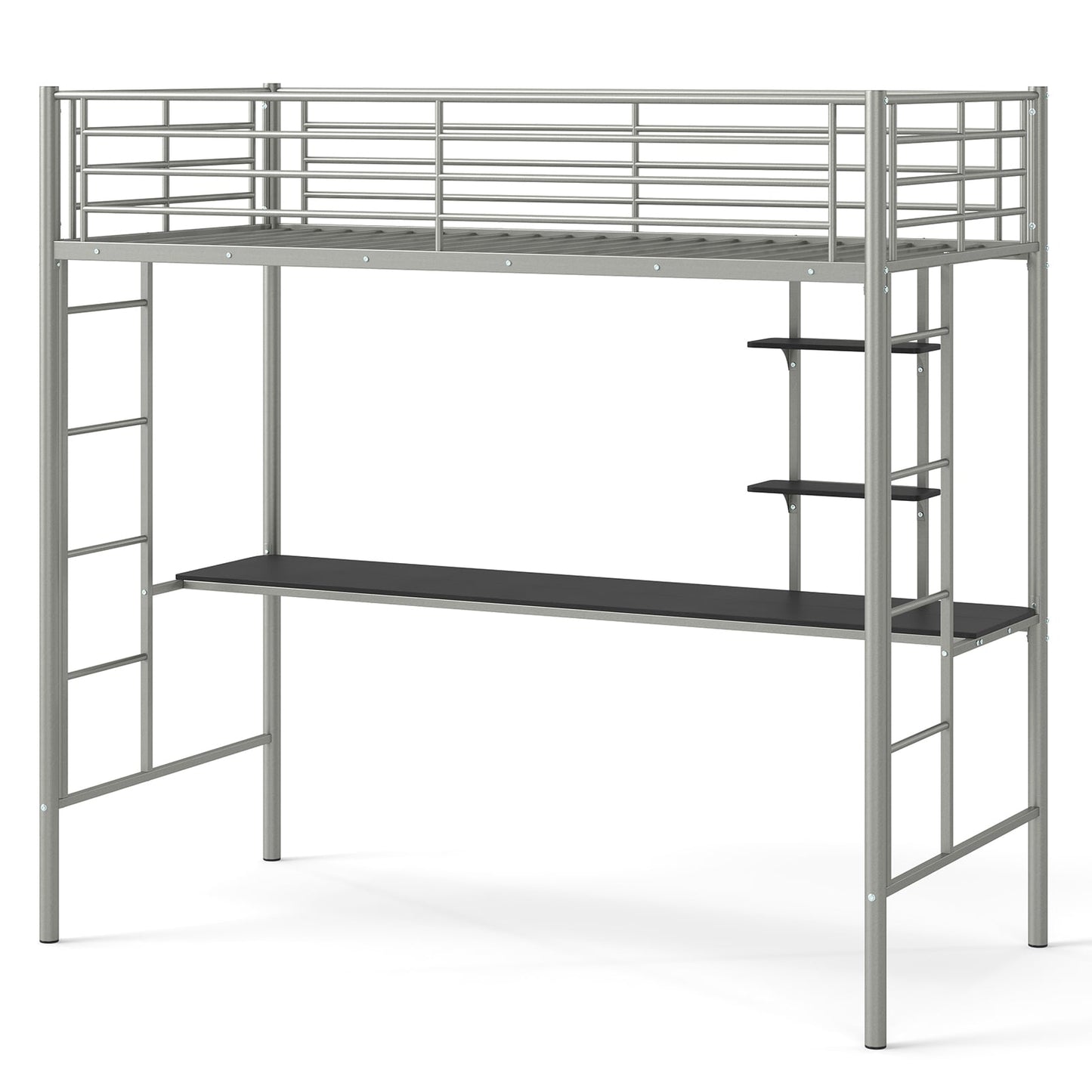 Loft Bed with Desk and Shelves Metal Loft Bed Frame-Silver