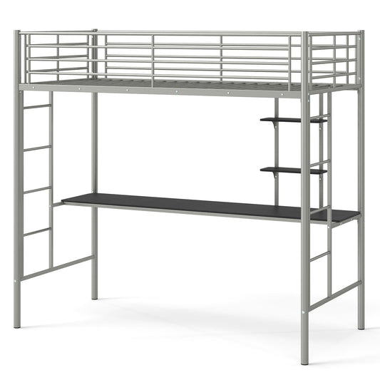 Loft Bed with Desk and Shelves Metal Loft Bed Frame-Silver
