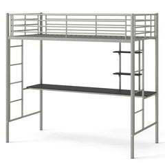 Loft Bed with Desk and Shelves Metal Loft Bed Frame-Silver
