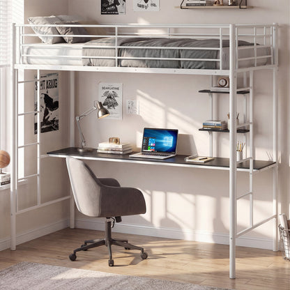 Loft Bed with Desk and Shelves Metal Loft Bed Frame-White