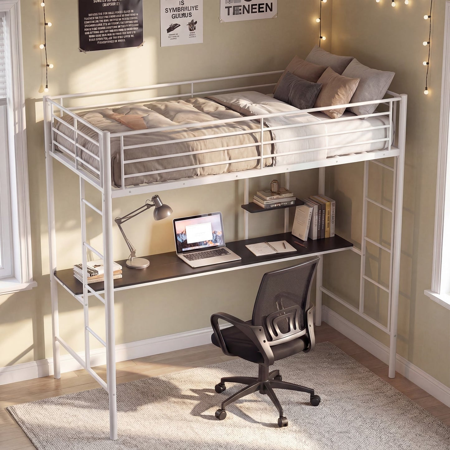 Loft Bed with Desk and Shelves Metal Loft Bed Frame-White