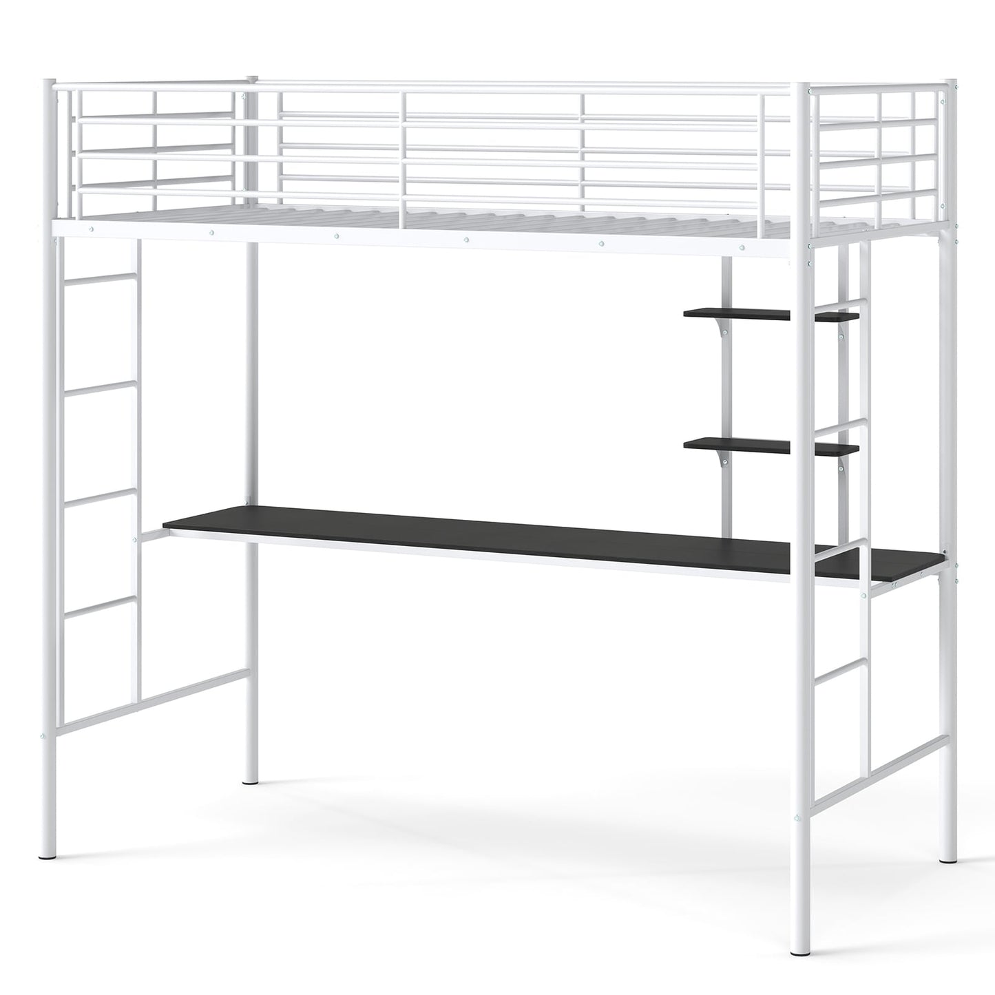 Loft Bed with Desk and Shelves Metal Loft Bed Frame-White