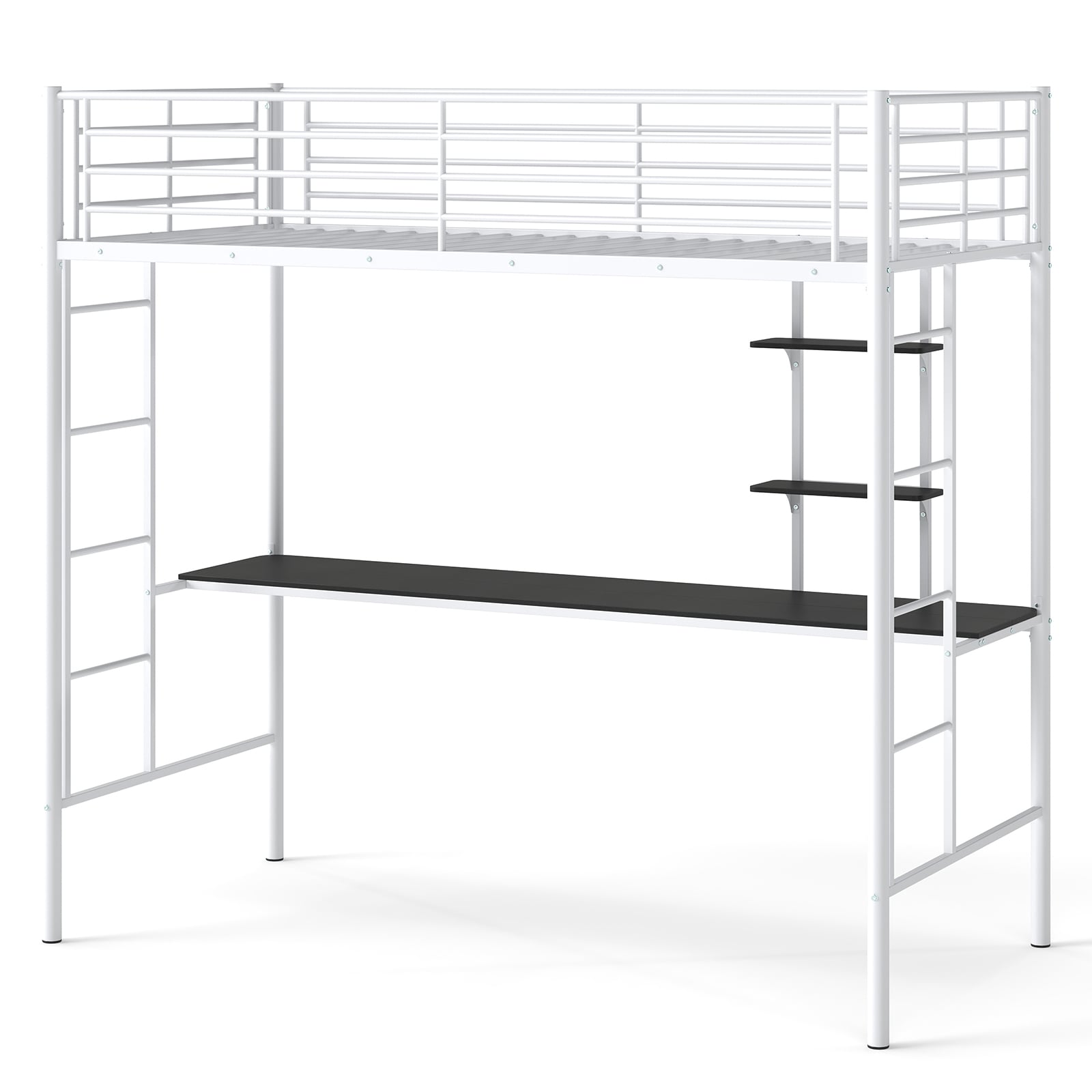 Loft Bed with Desk and Shelves Metal Loft Bed Frame-White