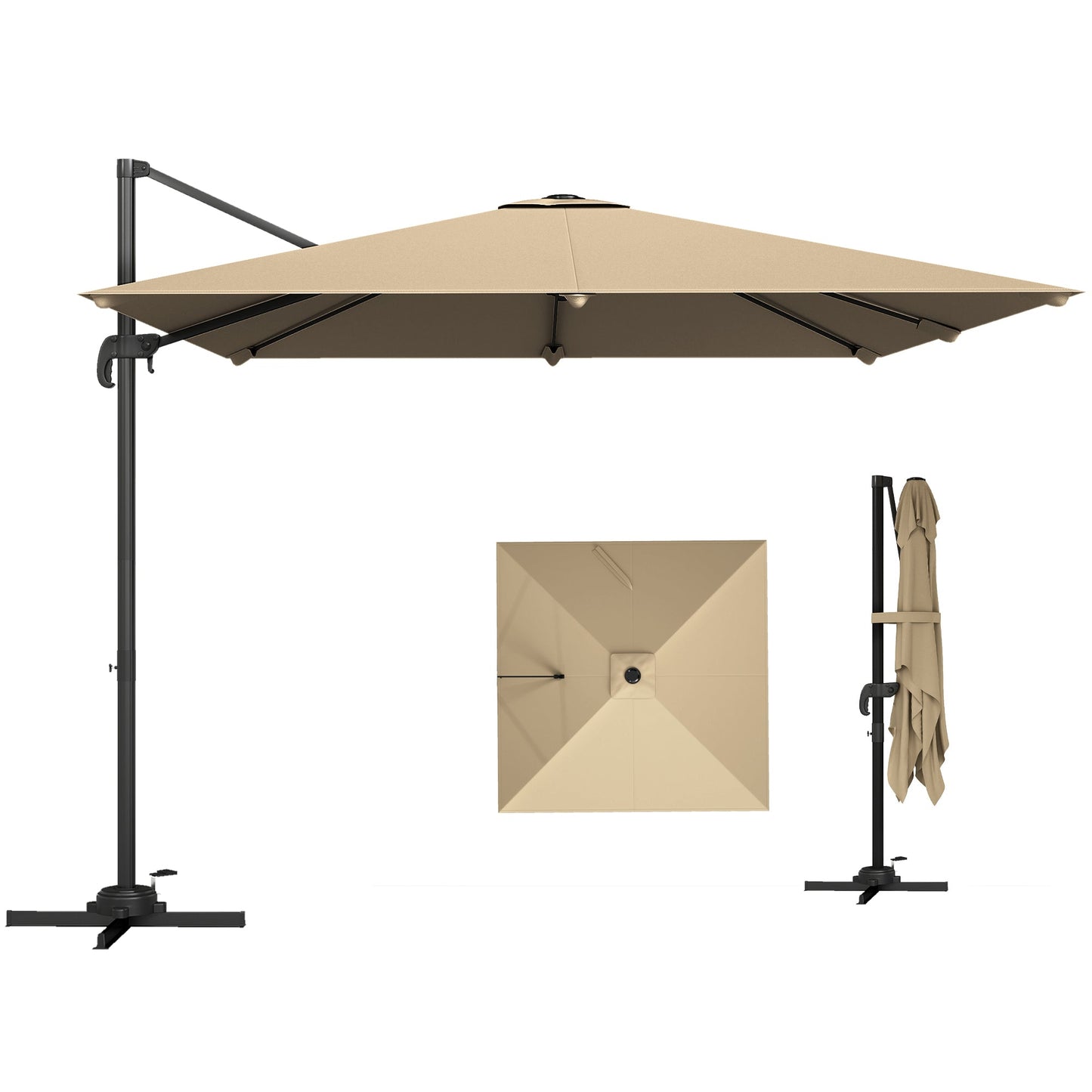 Outsunny 3 x 3 m Cantilever Parasol, Square Patio Umbrella with Crank Handle, Cross Base, Tilt, 360 degrees Rotation, Khaki